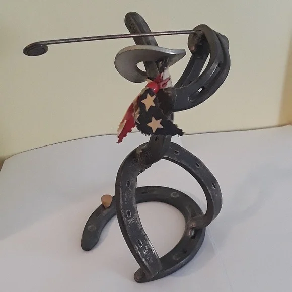 Rustic Golfer Sculpture Welded Horseshoe Golf Cowboy🏌🏼‍♂️🏌🏾‍♀️⛳🤠Folk Art - Picture 8 of 9
